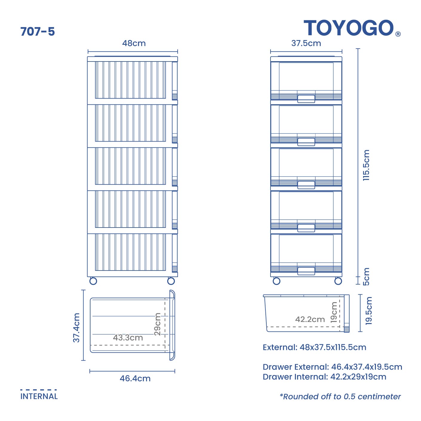 5 TIER MENTON DRAWER W/WHLS (707-5)