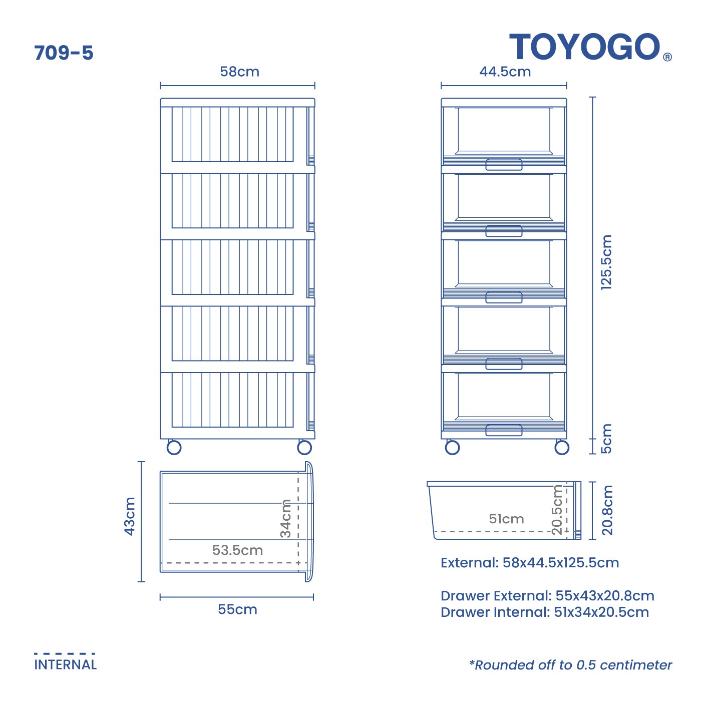 5 TIER MENTON DRAWER W/WHLS (709-5)